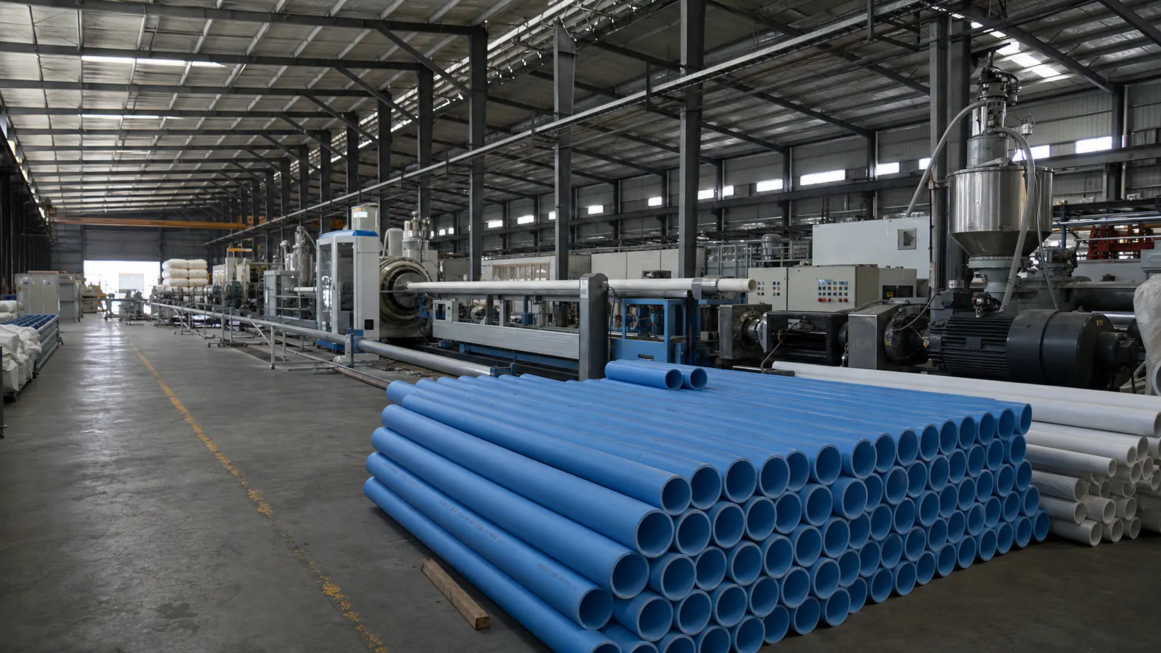 أنابيب PVC زرقاء وأنابيب بولي إيثيلين سوداء مرتّبة أمام خط بثق حديث